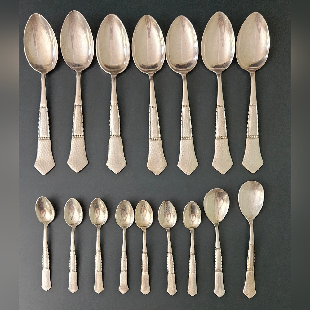 SALE! 16 Danish Hammered Silver Plated Spoons Circa 1930 - Picture 1 of 6